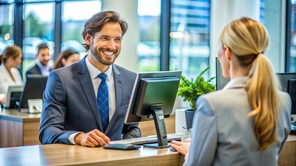 Friendly bank representative smiles while assisting customer at modern banking counter, surrounded by computer screens and financial documents in a busy financial institution.