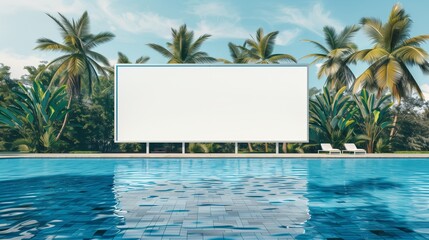 Large wide horizontal white blank billboard sign for advertisements on the edge of swimming pool, tropical environment. Business poster commercial board outdoors, marketing frame mockup for promotion