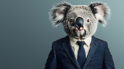 Koala Businessman in Formal Suit Posing on Plain Background