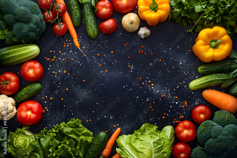 Poster fresh vegetables arranged on a dark surface with a sprinkle of spices. generative by ai
