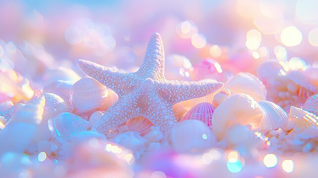   A starfish resting atop a mound of shells against a gradient backdrop of blue and pink