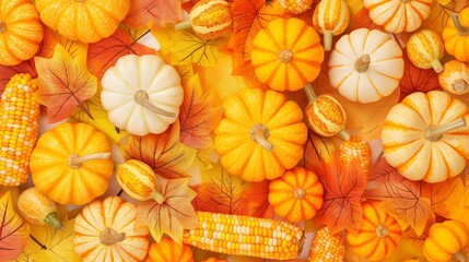 Construction workers in hA pattern of pumpkins, autumn leaves and corn cobs, perfect for a Thanksgiving backgroundard hats going to work