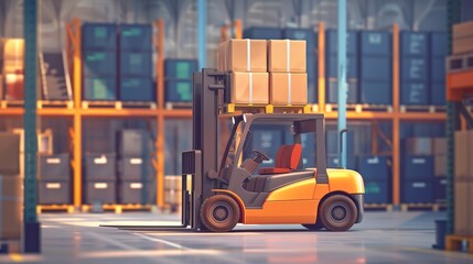 Fototapeta premium Orange and black forklift truck lifting wooden pallet full of cartoon boxes in a warehouse full of containers and packages. Industrial storage vehicle doing product distribution, storehouse logistics