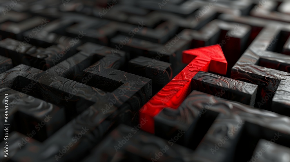 Poster red arrow passing through a black labyrinth or maze walls, showing the way to solve a problem and to
