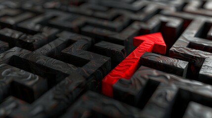 Red arrow passing through a black labyrinth or maze walls, showing the way to solve a problem and to find a solution. Business career path concept, direction through the puzzle, exit strategy