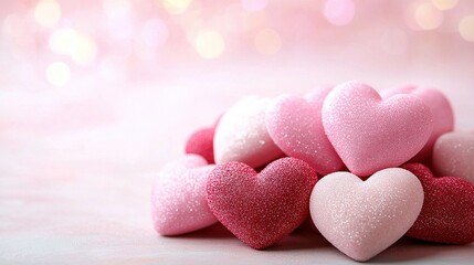 Obraz premium A heart-shaped scene of pink and white hearts arranged atop a pink tablecloth, illuminated by a pink and white Booke of Lights in the backdrop