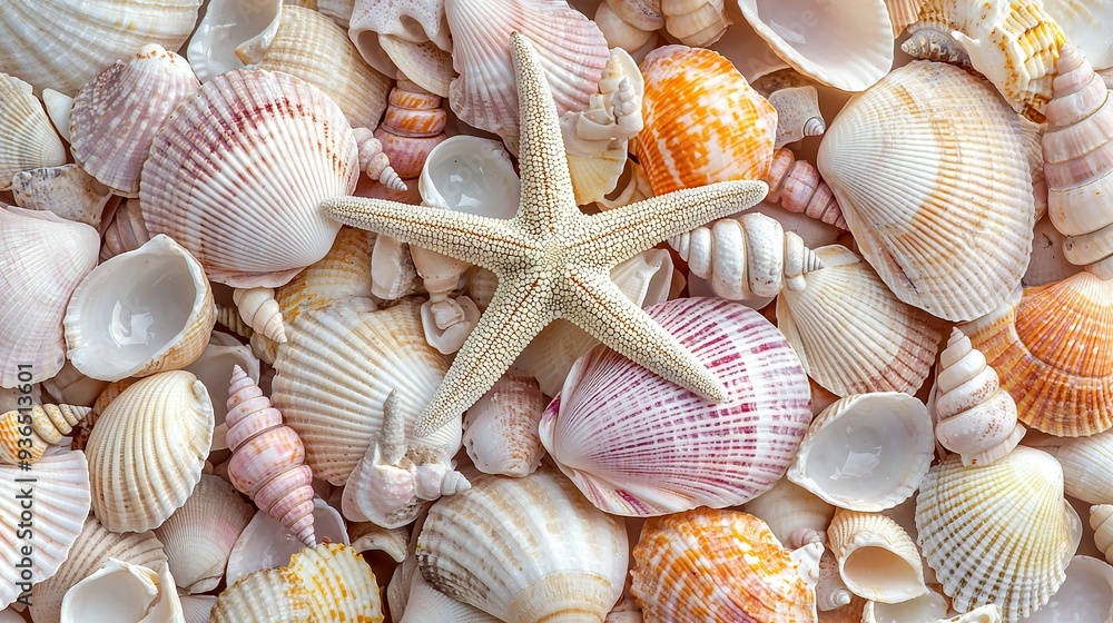 Sticker   A starfish rests atop a mound of seashells, near another pile