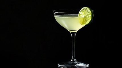 A classic Gimlet with a lime wedge, isolated on a modern, minimalist black background with subtle reflections