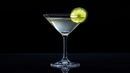 A classic Gimlet with a lime wedge, isolated on a modern, minimalist black background with subtle reflections