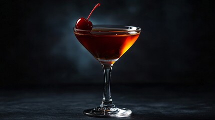 A classic Manhattan in a chilled glass with a cherry garnish, isolated on a dark, moody background with soft shadows