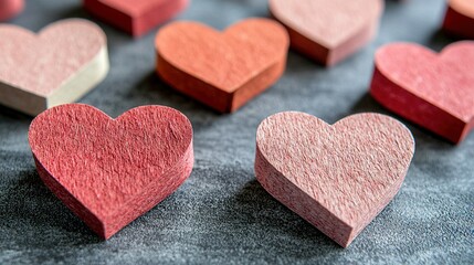 Obraz premium A group of pink and red hearts placed atop a blue-colored table, adorned with pink and red tissue paper