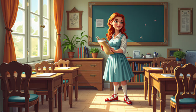 Whimsical and detailed illustration of a teacher preparing an inviting classroom for the new school year.