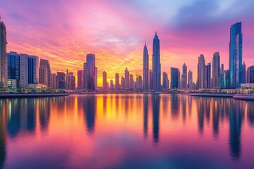 Obraz premium A city skyline is reflected in a body of water, generative ai image