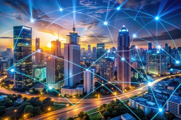 Futuristic cityscape with 3D digital overlay, global network connections, and swirling data patterns, representing technology innovation, urban development