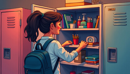 Illustrate a student joyfully organizing their locker with an assortment of colorful and essential school supplies.