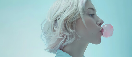 Blonde woman chewing pink gum with blue backdrop