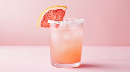 A Paloma cocktail with a salted rim and grapefruit slice, set against a minimalist pastel-colored backdrop