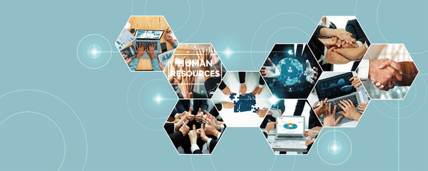 Teamwork and human resources HR management technology concept in corporate business with people...