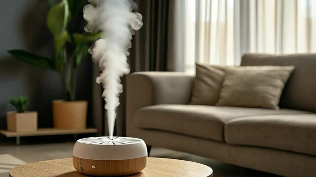 Modern air humidifier in modern living room interior. Essential oil aroma diffuser emitting mist, enhancing air quality. Home wellness and relaxation. Humidity control.