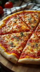 Italian big pizza on a board cut in slices. 