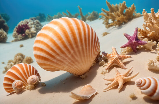 A large seashell lies on a sandy ocean floor with three starfish and another seashell in the background