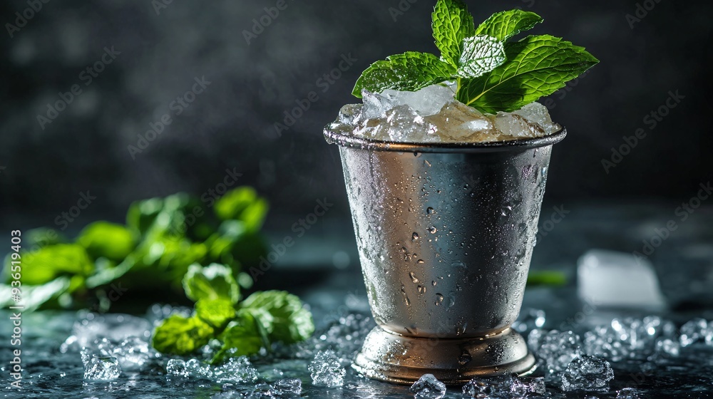 Wall mural a refreshing mint julep in a silver cup with crushed ice, isolated on a dark background with soft li