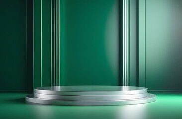 Silver podium in a green 3D room. An empty platform for placing promotional products.