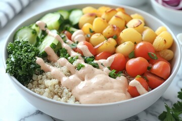 Fresh vibrant buddha bowl with quinoa, vegetables, and drizzled sauce