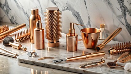 Obraz premium Glitzy copper hair styling tools and accessories scattered on a modern, white marble vanity with soft, golden lighting and a subtle, gradient background.