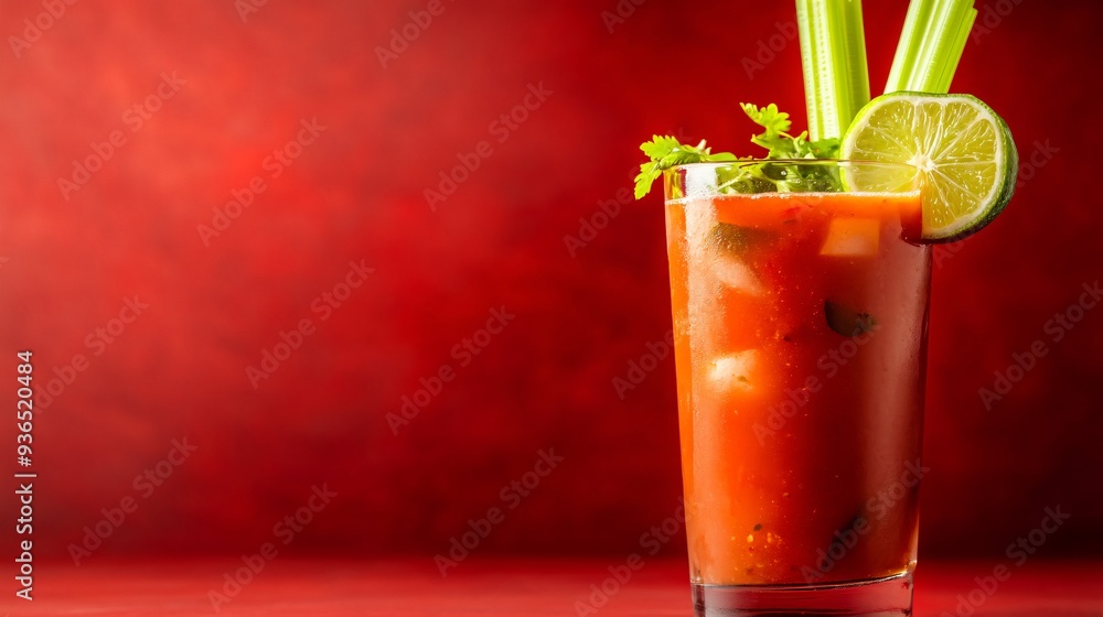 Wall mural A spicy Bloody Mary with a celery stalk and lime wedge, isolated on a vibrant red background for a bold look