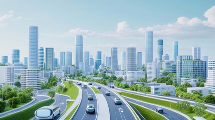 Fototapeta premium A futuristic urban landscape with automated vehicles, smart buildings, and green spaces, promoting sustainable living, urban development, technological innovation, sustainability