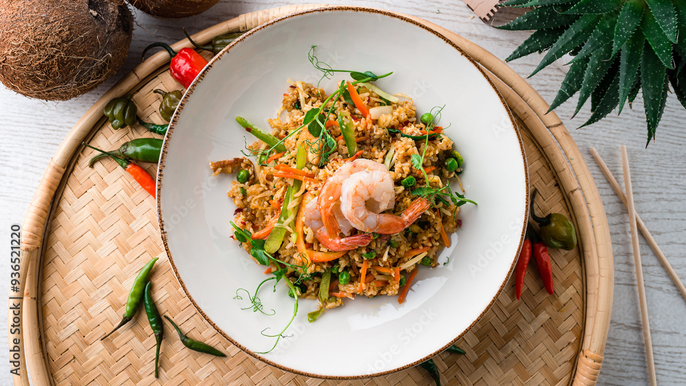 Sticker Pilaf with shrimp, sweet pepper, carrots, onions, green peas and microgreens.