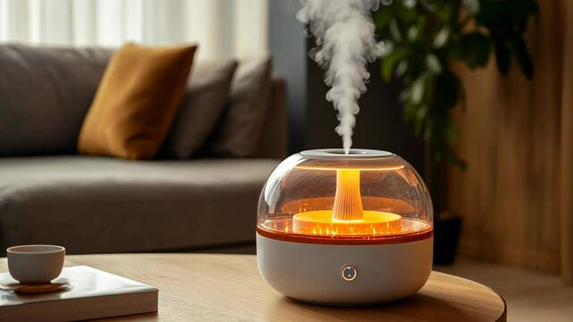 Air humidifier in modern living room interior. Essential oil aroma diffuser emitting mist, enhancing air quality. Home wellness and relaxation. Humidity control