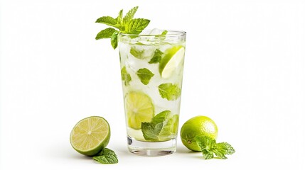 Fototapeta premium A vibrant Mojito in a tall glass with fresh mint leaves and lime slices, isolated on a pure white background