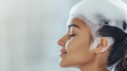 Fototapeta premium Close-up of a young woman shampooing her hair, with rich foam and a focus on body and hair care, copy space. photo