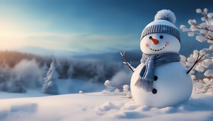 Obraz premium snowman in an idyllic winter landscape, christmas card