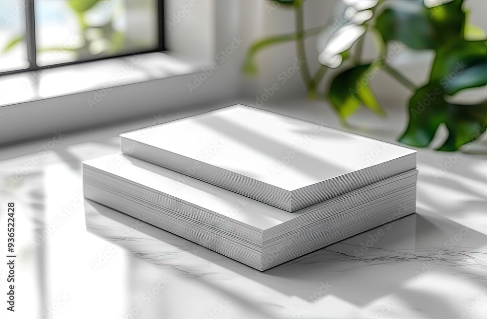 Poster Blank Paper Stack Mockup on Marble Tabletop with Sunlight