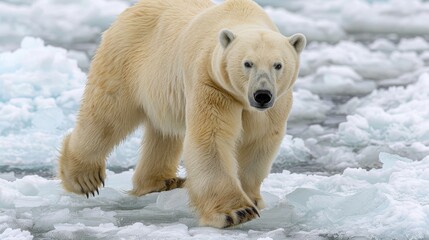 Majestic Polar Bear Walking on Shrinking Ice Floes, Arctic Wilderness, Climate Change Impact.