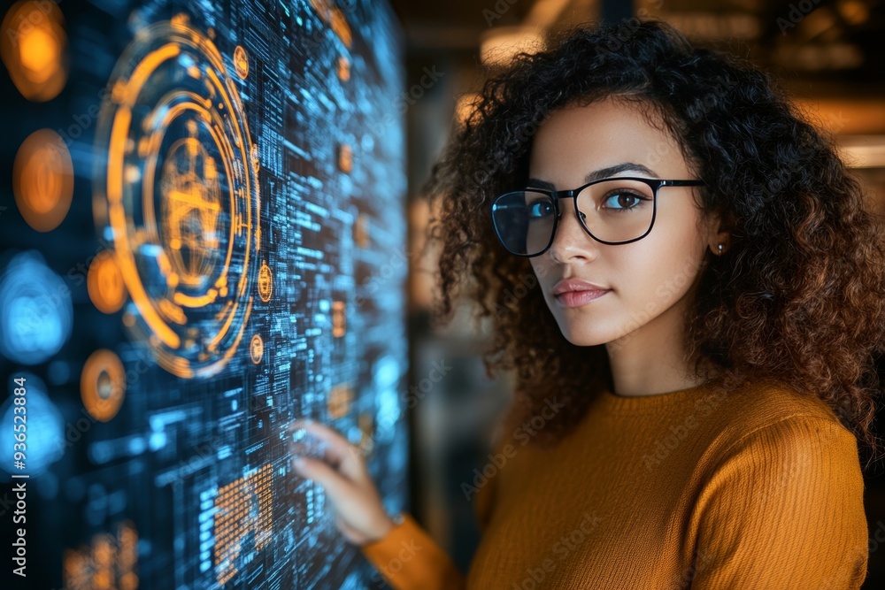 Poster young professional woman working with interactive digital data visualization interface