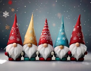 funny Christmas elves and gnomes with different colored pointed hats and long beards, Christmas card with elves and gnomes and snowflakes