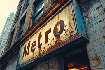 Obraz premium Rusty Metro sign outside a weathered brick building, perfect for illustrating urban decay, vintage aesthetics, or city-themed articles and designs