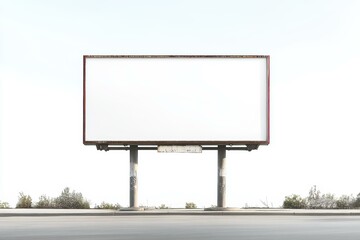Fototapeta premium A large white blank billboard stands on the side of a road under a clear sky, ideal for commercial advertisement mockups, marketing campaigns, and design presentations,