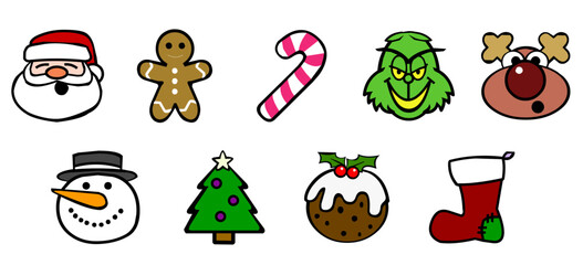 Set of Christmas decoration. Santa Claus, Gingerbread, Christmas tree, Snowman Vector illustration