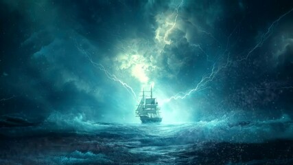 sailing ship or pirates ship on the sea with bad environment storm wave thunder at  sea video animation background for live wallpaper Seamless looping time-lapse 4k 