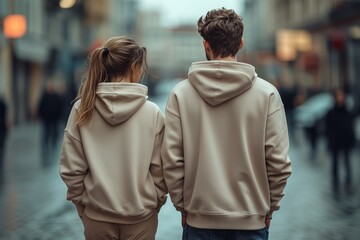 Man and woman wearing blank beige hoodie