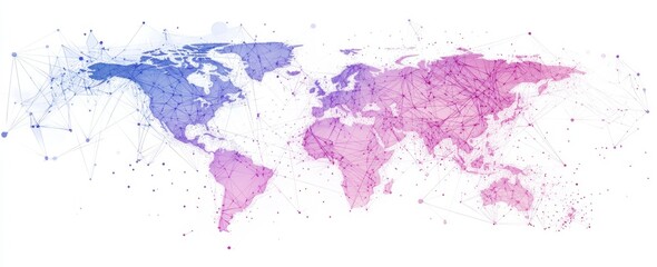 Obraz premium A world map made of lines connecting cities, with purple and blue colors on a white background Generative AI