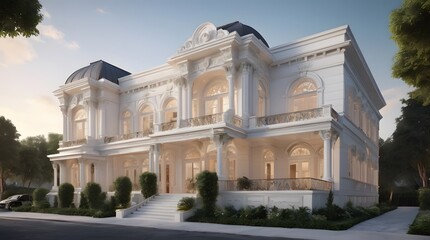 Obraz premium Exterior design of a modern luxurious building, full white color theme, real estate home exterior front elevation design 