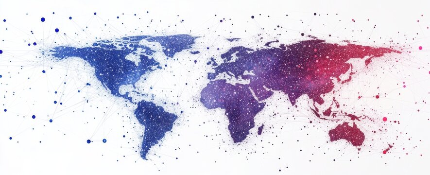 A world map made of dots and lines, connecting cities across the globe, with blue-colored lines on the left side and purple-red dots on the right side Generative AI