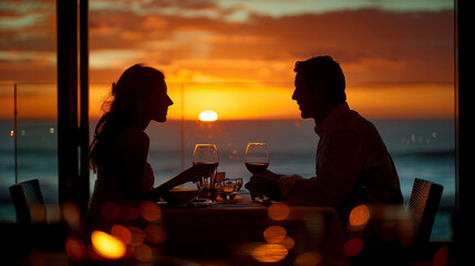 Romantic couple sharing a quiet moment with wine at sunset by the ocean. The vibrant colors of the sunset enhance the peaceful and intimate setting. Perfect for love and beachside romance themes.