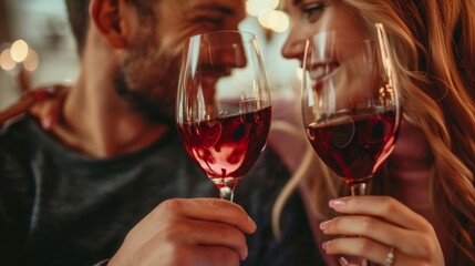 Romantic dinner with red wine against soft evening lights, a couple enjoying the moment. Perfect for restaurant ads and festive events.